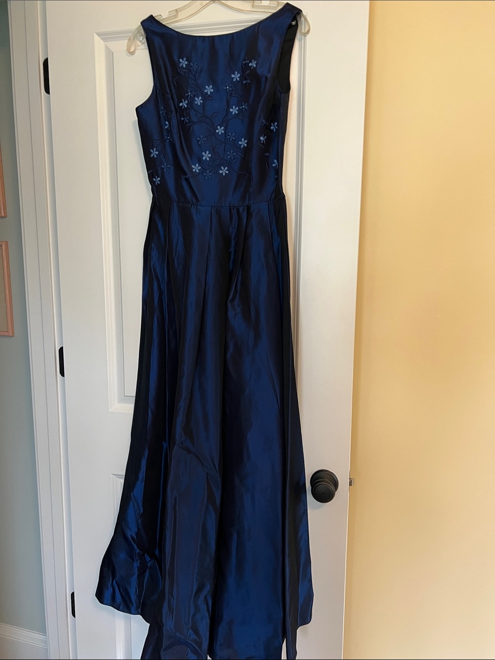 Vintage Scott McClintock Navy Blue Satin Taffeta Dress with Floral Embroidery
